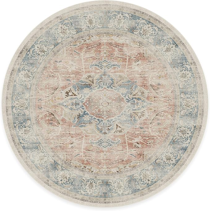 RUGGABLE Washable Vintage Area Rug – Sarrah Coral 8 ft Round, Stain-Resistant, Non-Slip – Large Machine Washable Rugs for Living Room, Bedroom, Hallway, Entryway & Office–with Standard Pad