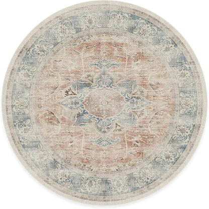RUGGABLE Washable Vintage Area Rug – Sarrah Coral 8 ft Round, Stain-Resistant, Non-Slip – Large Machine Washable Rugs for Living Room, Bedroom, Hallway, Entryway & Office–with Standard Pad