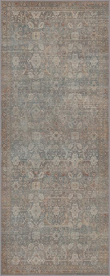 2x5 Runner Rug Machine Washable Boho Rug Runners for Hallway,Ultra-Thin Low Pile Rug,Lightweight Indoor Carpet,Non Slip Floral Runners for Enrtyway, Corridor, Home Office, Kitchen,Grayish Blue