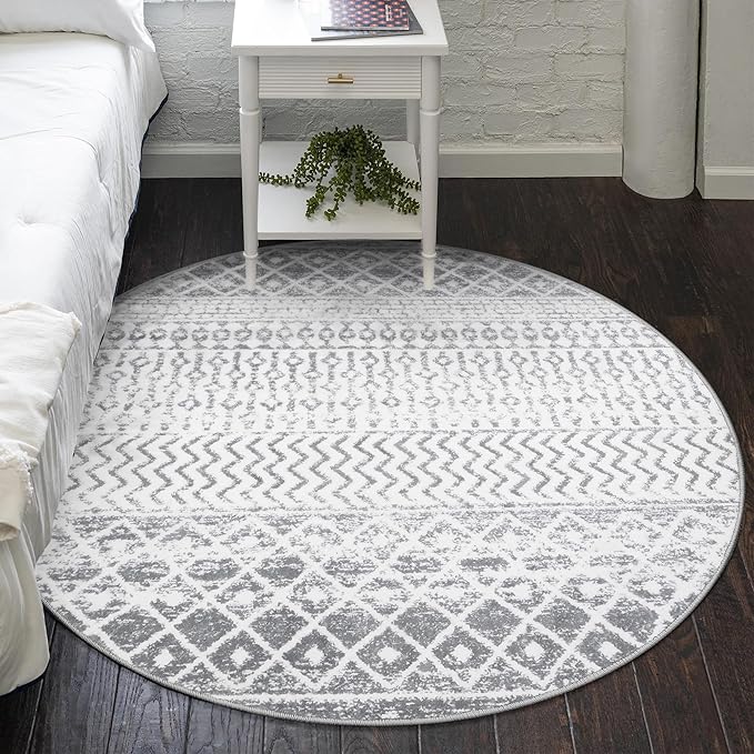 Grey Round Rug for Living Room, 5ft Soft Non-Slip Circle Large Area Rug, Modern Geometric Washable Dining Room Mat Throw Rug for Dorm Bedroom Nursery Entryway