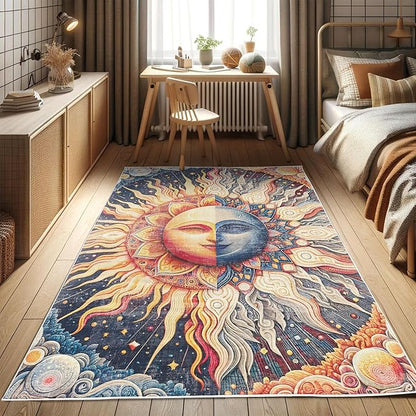 Ambesonne Sun and Moon Decorative Rug, Modern Esoteric Celestial Lunar Motif with Boho Paisley Details, Quality Carpet for Bedroom Dorm and Living Room, 2' 2" x 3' 7", Pale Orange Indigo Beige