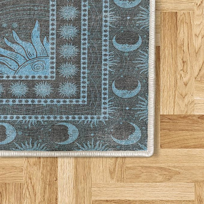 Ambesonne Sun and Moon Decorative Rug, Bohemian Artwork Design of Crescent Solar Ornament Esoteric Stars Ornaments, Quality Carpet for Bedroom Dorm and Living Room, 2' x 5', Sky Blue