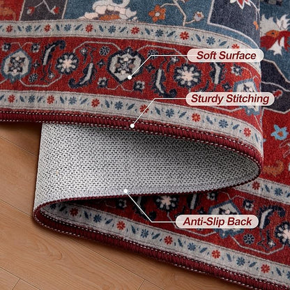 Tangsoo 2x6 Washable Runner Rug for Hallways, Non Slip Vintage Runner Rug, Soft Boho Low Pile Long Rug Runner, Print Distressed Red Carpet Runners for Kitchen Bedroom Entryway Living Room Oriental
