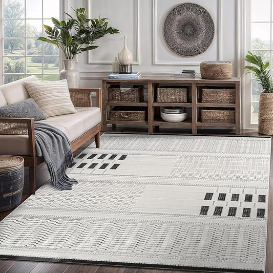 CAMILSON Modern Rug 6x9 Luxury Geometric Pattern Micro Loop Area Rugs Soft High and Low Pile Stain Resistant Easy to Clean Non-Shedding Durable Living Room Office Indoor Carpet (White/Black)