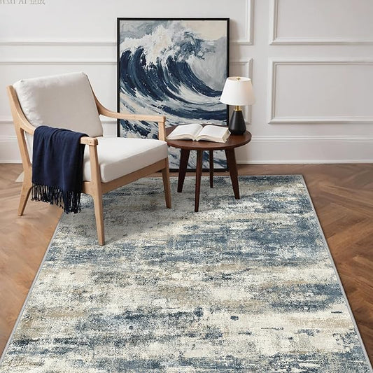 GENIMO 3x5 Rug for Entryway Washable Area Rug, Modern Abstract Small Rugs for Entrance Living Room, Bedroom Beside Rugs, Non-Slip Low Pile Lightweight Soft Carpet, Navy Blue