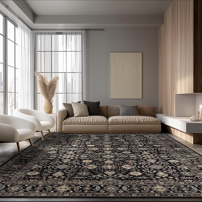 Area Rug Non Slip Machine Washable Ultra Soft Living Room/Bedroom/Kitchen/Outdoor/Classroom Black Gold, 9'×12'
