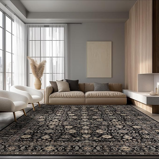 Area Rug Non Slip Machine Washable Ultra Soft Living Room/Bedroom/Kitchen/Outdoor/Classroom Black Gold, 9'×12'