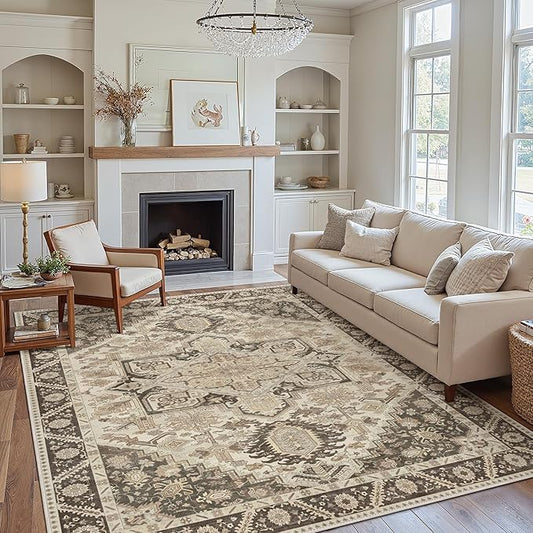 5x7 Area Rug Machine Washable Boho Rug for Living Room,Ultra-Thin Low Pile Carpet,Lightweight Indoor Printed Rug,Non Slip Floral Area Rug for Bedroom, Dining Room, Home Office,Brown
