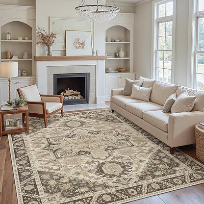 8x10 Area Rug Machine Washable Boho Rug for Living Room,Ultra-Thin Low Pile Carpet,Lightweight Indoor Printed Rug,Non Slip Floral Area Rug for Bedroom, Dining Room, Home Office,Brown