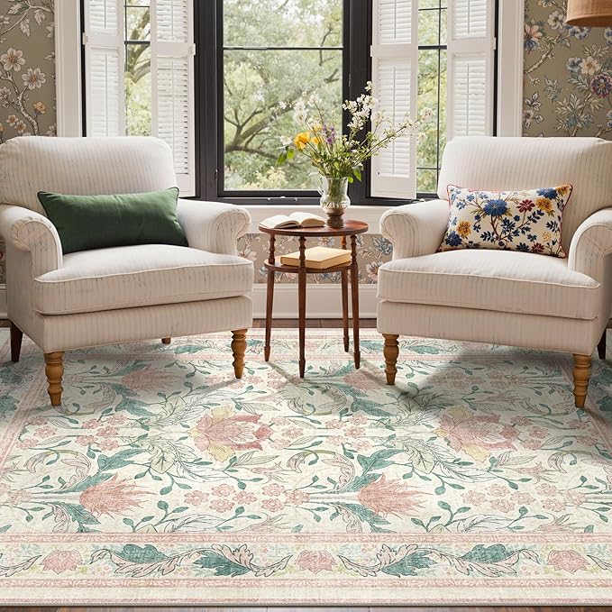 Bavni 5x7 Area Rugs for Living Room, Microfiber Machine Washable Non-Slip Vintage Floral Rug, Low Pile Lightweight Carpet for Bedroom, Dining Room, Home Office, Beige&Pink