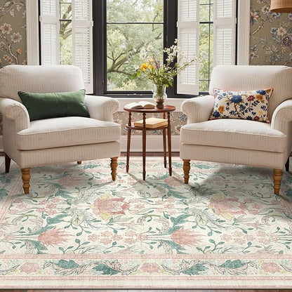 Bavni 5x7 Area Rugs for Living Room, Microfiber Machine Washable Non-Slip Vintage Floral Rug, Low Pile Lightweight Carpet for Bedroom, Dining Room, Home Office, Beige&Pink