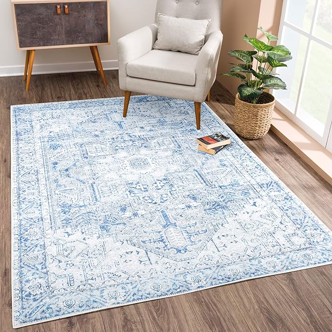 Bloom Rugs Washable Non-Slip 5' x 7' Rug - Blue/Gray Traditional Area Rug for Living Room, Bedroom, Dining Room, and Kitchen - Exact Size: 5' x 7'