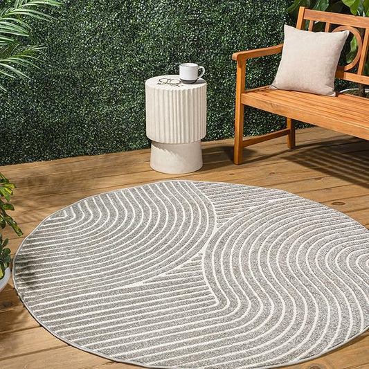 JONATHAN Y Hallie High-Low Curve Gray/Ivory 8' Round Indoor/Outdoor Area Rug, Minimalist, Pet Friendly, Non-Shedding, Stain Resistant, Hose-Washable for Backyard, Patio, Porch (SCN100A-8R)