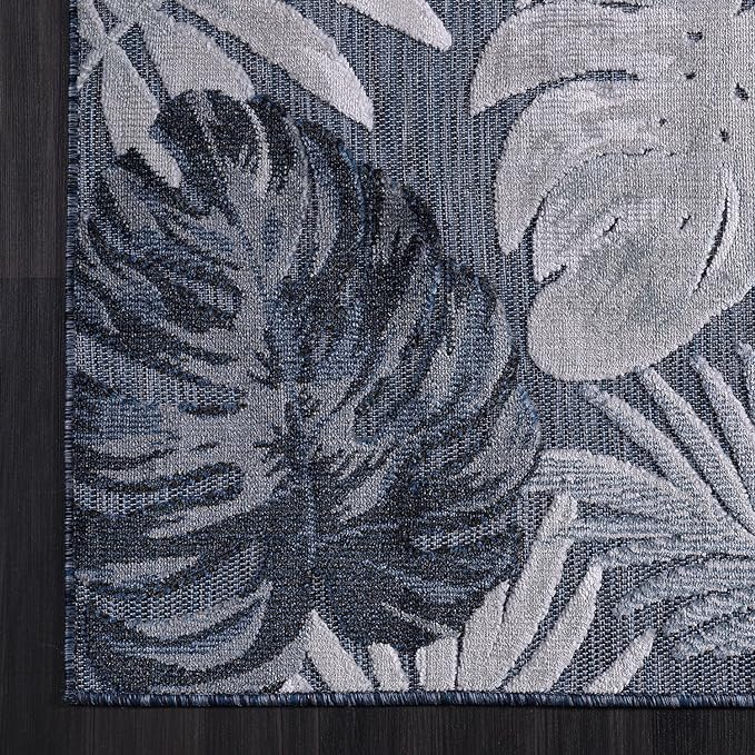 CAMILSON Indoor Outdoor Rug, Navy 7’10”x10’ Leaf Tropical Botanical Area Rugs for Indoor and Outdoor patios, Easy-Cleaning Non-Shedding Living Room, Garden and Kitchen Washable Outside Carpet (8x10)
