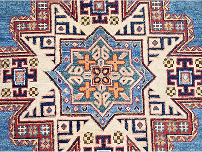 Cerulean Blue Special Kazak with All Over Pattern Natural Dyes Pure Wool Hand Knotted Oriental Densely Woven Rug(9'x11'8")