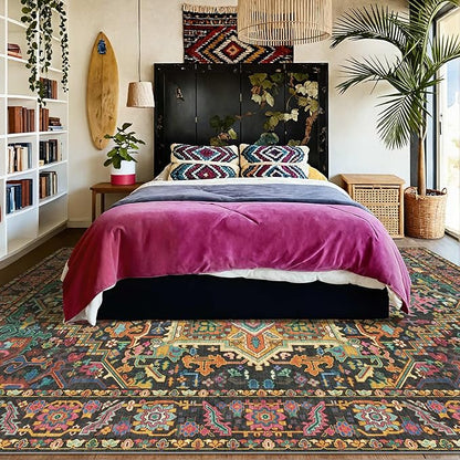 Kokia 8x10 Washable Black and Pink Area Rugs with Vintage Orient Design Soft Rug for Living Room or Bedroom Non-Slip Low Pile Stain Resistance Features Distressed Medallion Pattern