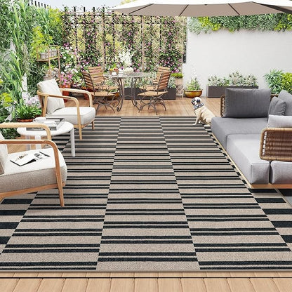 Lahome Striped Easy Jute Carpet, 8x10 Living Room Rugs Indoor Outdoor Patio Dining Room Rug, Farmhouse Non Slip Non Shedding Non Shedding Black Carpet for Deck Backyard Mudroom