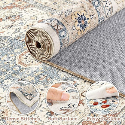 2x3 Rug Small Area Rugs: Washable Boho Neutral Vintage Soft Indoor Floor Oriental Carpet Farmhouse Distressed Low Pile Non Slip Throw Carpet for Kitchen Entryway Bedroom Nursery Entry- Beige Blue