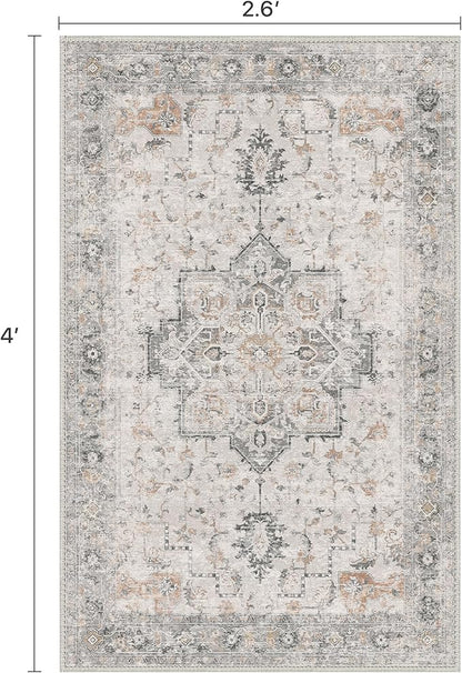 Runner Rug 2'6''x4, Non Slip Hallway Runner Rugs, Low Pile Lightweight Machine Washable Vintage Rug for Hallway, Entryway, Bedroom, Kitchen and Corridor,Light Taupe Brown