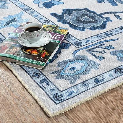 Fame Living Navy Blue Oushak Rug, Modern, Vintage, Turkish, Eclectic, Floral, Pastel, Washable, Area Rugs for Living Room, Dining, Bedroom, Office, Entryway, Foyer, Playroom, Nursery, 5'x6'9"