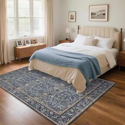 Washable Living Room Rug: 5x7 Boho Floral Soft Area Rug for Bedroom Decor - Vintage Low Pile Thin Carpet for Dining Room Non-Slip - Farmhouse Stain Resistant Rugs - Slate Blue