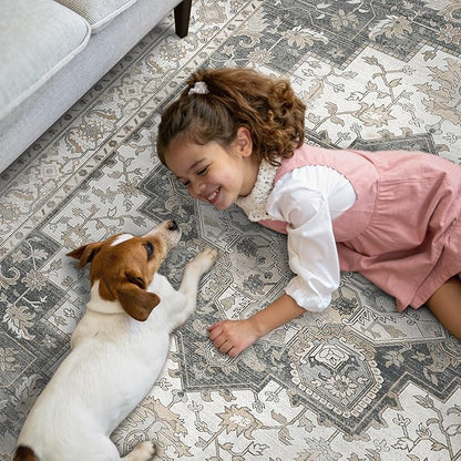 GENIMO 2x5 Runner Rugs for Hallway, Machine Washable Non Slip Vintage Retro Rugs, Low Pile Lightweight Soft Print Rug for enrtyway, Corridor, Home Office, Kitchen, Heathered Grey