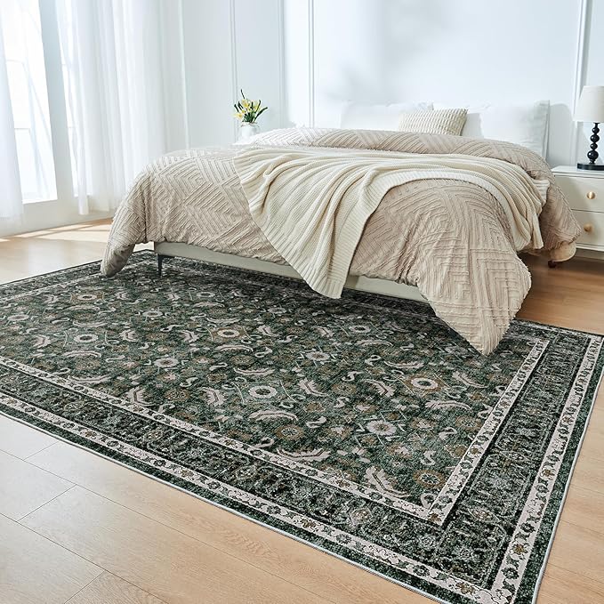 WITSHOCK Living Room Area Rugs 5x7: Soft Non-Slip Backing Washable Rugs Vintage Large Carpet for Bedroom Office Dining Room Kitchen Stain Resistant Home Decor Rug, Dark Green