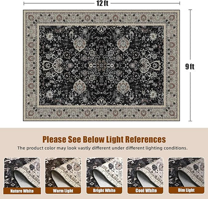 9x12 Rugs for Bedroom, Vintage Washable Rugs Non Slip Large Area Rug for Living Room Dining Room Office, Floor Decoration Big Rug Carpet Low-Pile Kid & Pet Friendly(Blcak Navy Multi
