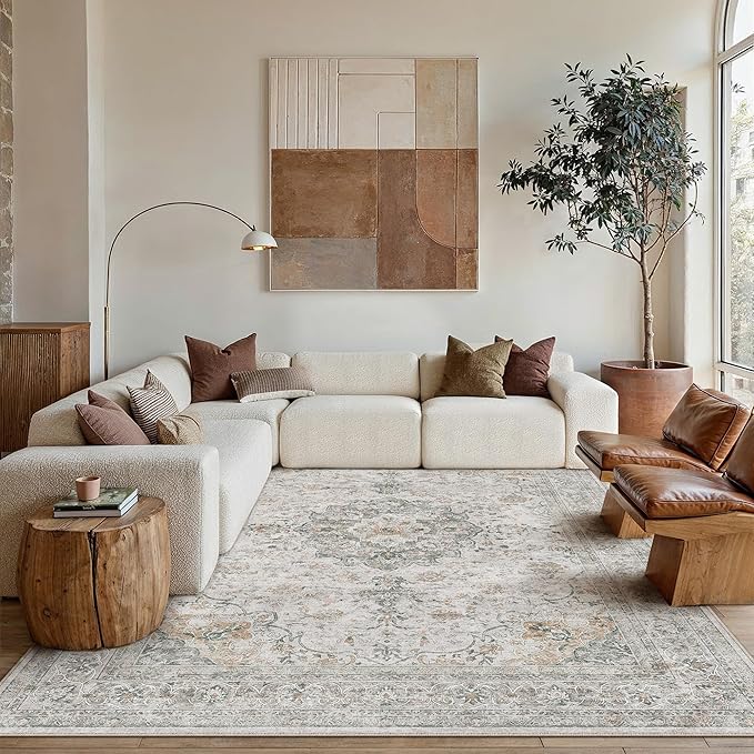 8x10 Washable Vintage Area Rug for Living Room Bedroom Soft Tranditional Non Slip Large Throw Rug Lightweight Floral Low Pile Distressed Carpet Office Playroom Dining Room