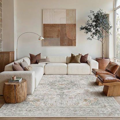 6x9 Washable Vintage Area Rug for Living Room Bedroom Soft Tranditional Non Slip Large Throw Rug Lightweight Floral Low Pile Distressed Carpet Office Playroom Dinning Laundry Room
