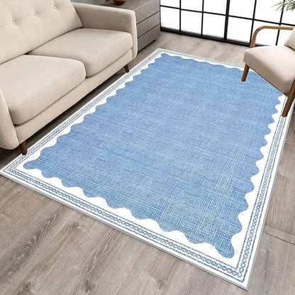 Scalloped Rug 3x5 Rugs Washable Non-Slip Low-Pile for Entryway Solid Blue Rug for Dining Room,Ultra Soft Modern Contemporary Aesthetic Carpet for Bathroom Living Room Dining Table