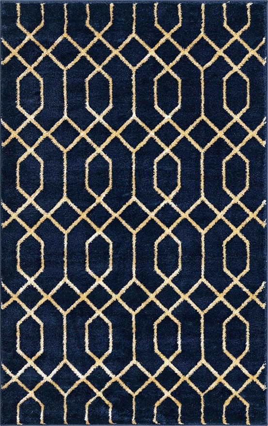 Unique Loom Glam Collection Area Rug - Trellis (3' 3" x 5' 3" Rectangle, Navy Blue Gold/ Gold)