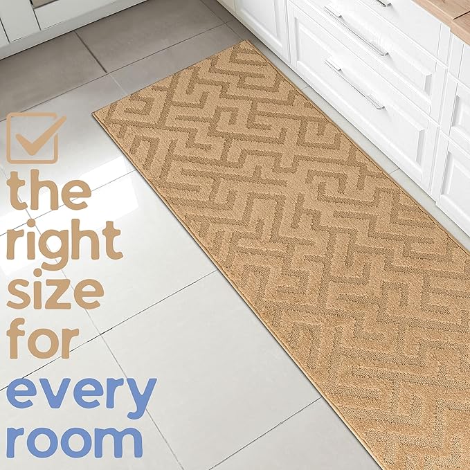 10ft Custom Cut Runner Rug for Narrow Hallways Kitchens - Gold Tan | Non-Slip | Washable & Edge Bound