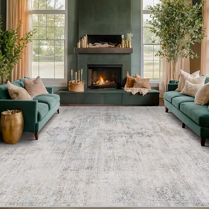 Farmhouse Dining Room Rugs for Under Table - 8x10 Washable Light Blue Area Rug for Living Room, Bedroom, Waterproof & Stain Resistance