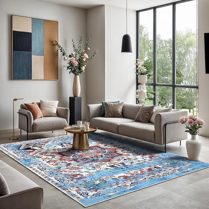 GLN Rugs Traditional Collection - Machine Washable Area Rug, Traditional Washable, Non Slip, Low Pile Chenille Rug, Living Room, Bedroom, Kitchen Rug (5' x 7' Blue/Multicolor)