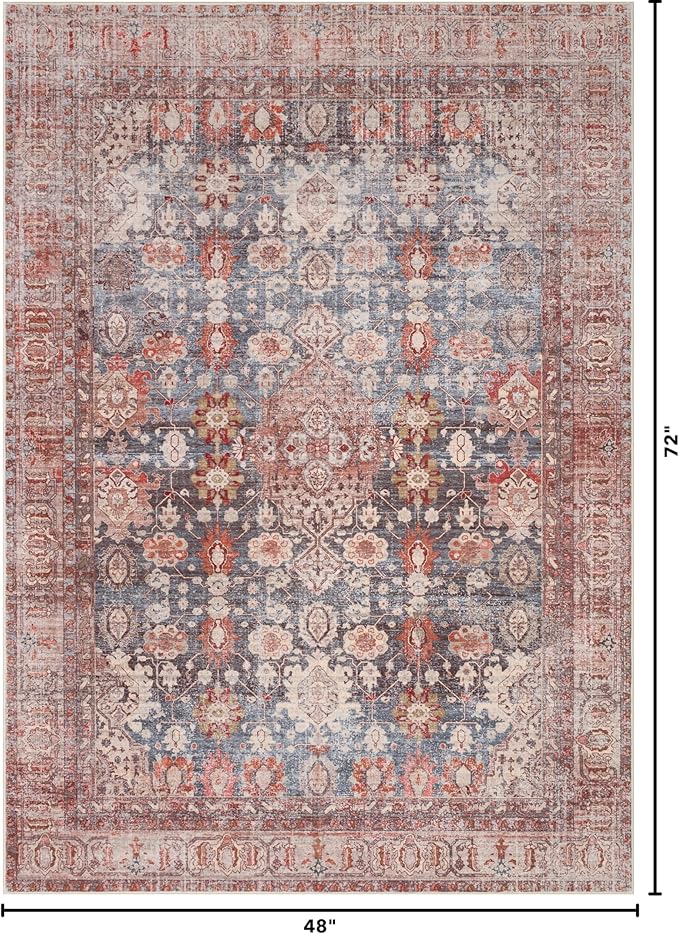 Kuden 4x6 Area Rug, Machine Washable Area Rug with Non-Slip Backing, Vintage Style, Soft, Easy Clean, Low Pile Rug for Living Room, Bedroom, Dining Room