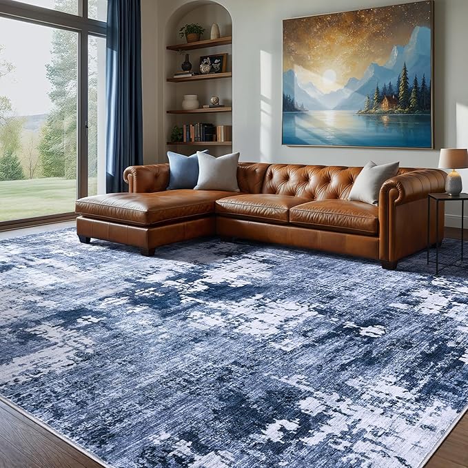 Area Rug Living Room Rugs - 10x14 Washable Large Soft Indoor Neutral Modern Abstract Low Pile Rug Carpet for Bedroom Dining Room Farmhouse Home Office - Navy Blue