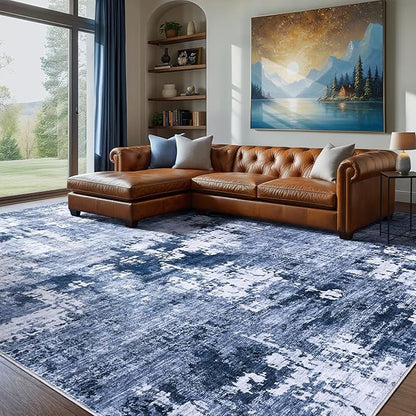 Area Rug Living Room Rugs - 6x9 Washable Large Soft Indoor Neutral Modern Abstract Low Pile Rug Carpet for Bedroom Dining Room Farmhouse Home Office - Navy Blue