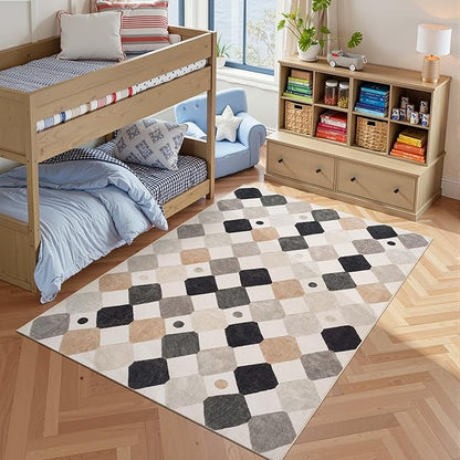 jinchan Macy Area Rug 5x7 Kids Washable Indoor Non-Slip Black and White Modern Soft Rug Elementary School Classroom Diamond Carpet for Nursery Playroom Daycare Bedroom Living Room Dorm Marble on Cream