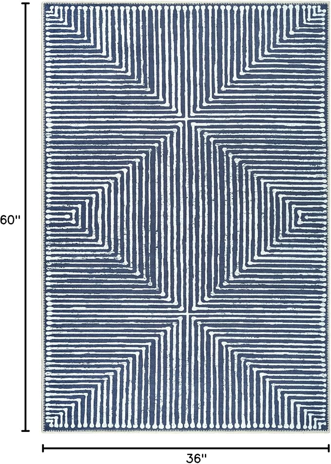 Bloom Rugs Washable Non-Slip 3' x 5' Rug - Blue Striped Area Rug for Living Room, Bedroom, Dining Room, and Kitchen - Exact Size: 3' x 5'