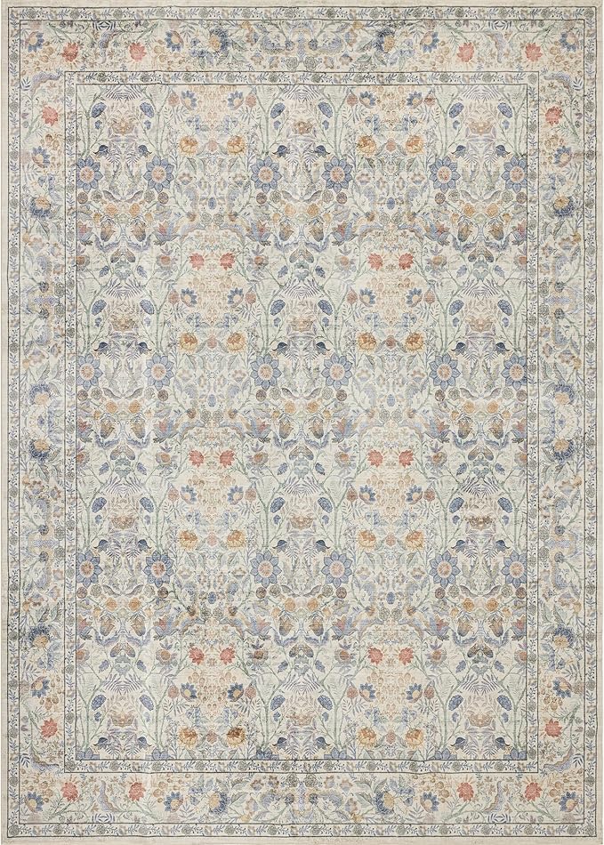 Washable Living Room Rug: 8x10 Boho Floral Soft Area Rug for Bedroom Decor - Vintage Low Pile Thin Carpet for Dining Room Non-Slip - Farmhouse Stain Resistant Rugs - Beige Blue