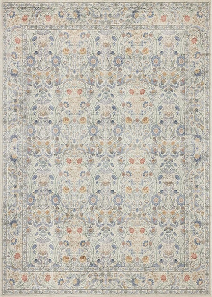 Washable Living Room Rug: 10x14 Boho Floral Soft Area Rug for Bedroom Decor - Vintage Low Pile Thin Carpet for Dining Room Non-Slip - Farmhouse Stain Resistant Rugs - Beige Blue