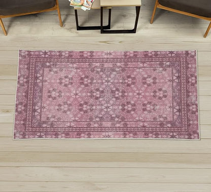 Ambesonne Vintage Decorative Rug, Nostalgic Retro Floral Petals Pastel Look Damask Check Victorian Motif, Quality Carpet for Bedroom Dorm and Living Room, 2' 2" x 3' 7", Dark Mauve and Pink