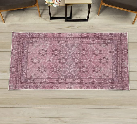 Ambesonne Vintage Decorative Rug, Nostalgic Retro Floral Petals Pastel Look Damask Check Victorian Motif, Quality Carpet for Bedroom Dorm and Living Room, 2' 2" x 3' 7", Dark Mauve and Pink