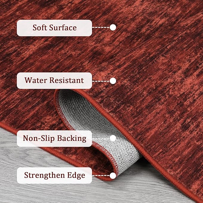 RUGSREAL Modern Runner Rug 2.5x8 Stain Resistant Washable Kitchen Runner Carpet with Rubber Backing Low Pile Contemporary Solid Color Entryway Mat Ultra Soft Rug for Living Room Bedroom, Red