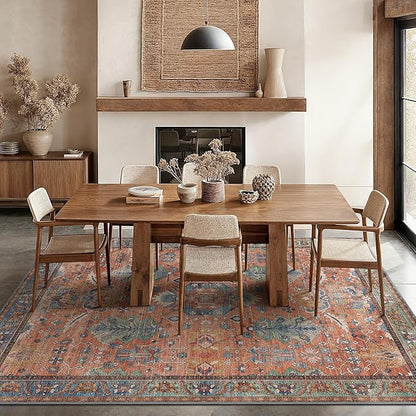 Bavni Area Rug 3x5, Non-Slip Washable Rugs for Living Room Office, Boho Distressed Printed Rug, Low Pile Foldable Decorative Carpet for Bedroom Kitchen Office, Terracotta/Blue