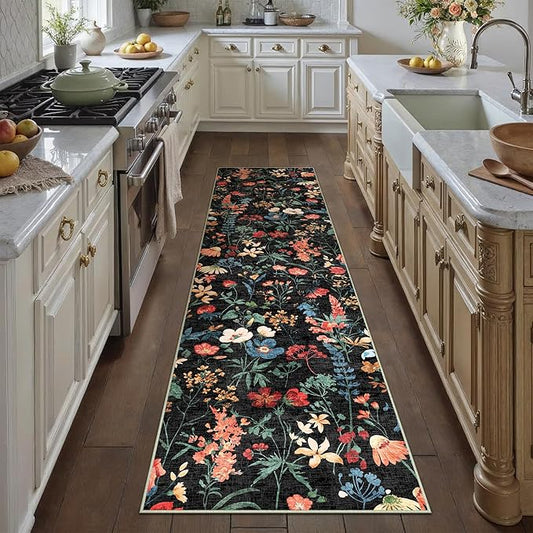 Floral Runner Rug 3x12 Washable Hallway Long Black Bedroom Carpet Non Slip Indoor Boho Kitchen Low Pile Accent Rug Lightweight Soft for Bathroom Dining Laundry Living Room