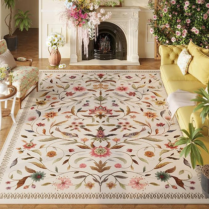 Vintage Medallion Floral 5x7 Area Rugs, Machine Washable Non-Slip, Low Pile Soft Carpet for Living Room, Bedroom, Dining Room, Farmhouse, Kids Playroom, Office | Beige