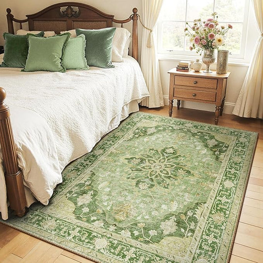 Area Rugs 4'x6' Washable Non-Slip, Floral Vintage Distress Print Pattern Medallion Carpet for Living Room Bedroom Dining Room, Sage Green Yellow