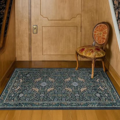 Washable Floral Small 2x3 Dark Blue Entryway Rugs Indoor, Botanical Bird Kitchen Floor Mats, Non-Slip & Soft Boho Carpet for Bathroom, Low Pile Stain Resistant Throw Rugs Bedroom